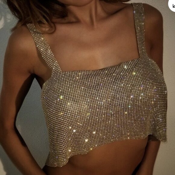 Rhinestone Gold Backless Square Crop Top - Picture 1 of 9